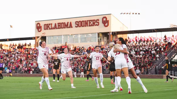 Picture of Oklahoma Women's Soccer celebrating a goal in the 3-1 win against Missouri