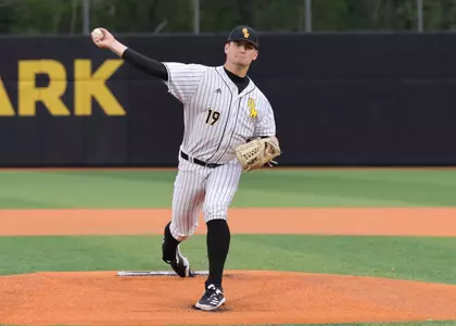 Southern Miss. pitcher Tyler Stuart (19) throws a pitch in a game against Southeastern LA. Tuesday April 12, 2022 (Photo by Joe Harper/BigGold Photography)