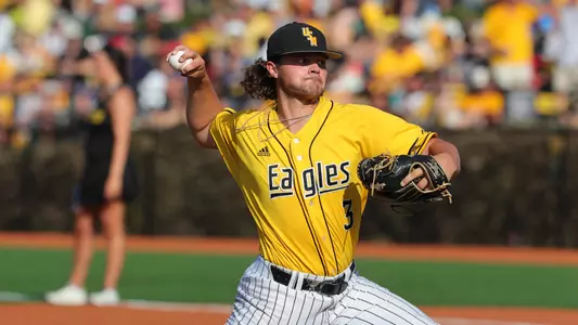 Southern Miss pitcher Landon Harper (3) throws a pitch in game2 of the Hattiesburg Super Regional between the Southern Miss Golden Eagles and the Ole Miss Rebels. Sunday, June 12, 2022 (Photo by Joe Harper/BigGold Photography)