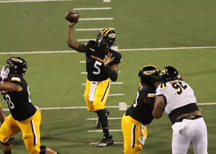 Southern Miss Golden Eagles quarterback Ty Keyes (5)throws a pass against Grambling State. Saturday, Sept. 11, 2021 (Photo by Joe Harper/BigGold Photography)