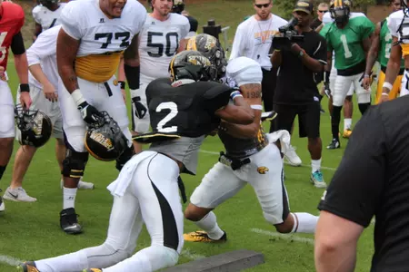 The Golden Eagles go through a drill on Thursday afternoon.