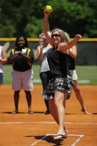 Courtney Blades, the 2000 National Player of the Year, threw out the first pitch as part of the 2000 WCWS team reunion.