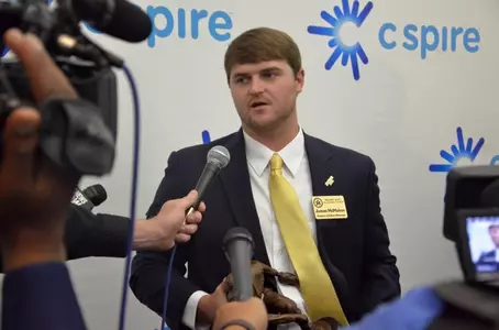 James McMahon addresses the media after winning the C Spire Ferriss Trophy for top collegiate baseball player in Mississippi.