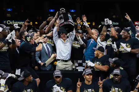 Head coach Jay Hopson accepts the championship trophy after the R&L Carriers New Orleans Bowl college football game at the Mercedes-Benz Superdome. Southern Miss won 28-21. Credit: Stephen Lew-USA TODAY Sports