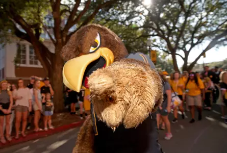 Oct 14, 2017; Hattiesburg, MS, USA; Southern Miss Golden Eagles mascot Seymour during Eagle Walk before their game against the UTEP Miners at M. M. Roberts Stadium. Mandatory Credit: Chuck Cook-USA TODAY Sports
