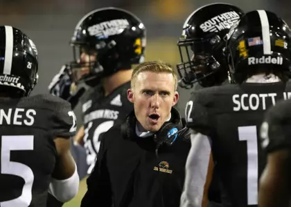 Hattiesburg, MS - September 19: Southern Miss football vs La Tech - Coach Scotty Walden coaching up his players(Photo by Joe Harper/bgnphoto.com)