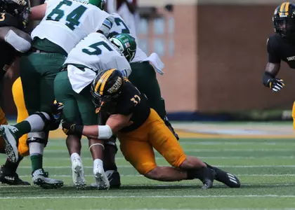 Southern Miss Linebacker Hayes Maples (32) brings down the Tulane runner against Tulane in an NCAA college football game in Hattiesburg, Miss., Saturday, Sept. 26, 2020. (Photo by Joe Harper/bgnphoto.com)