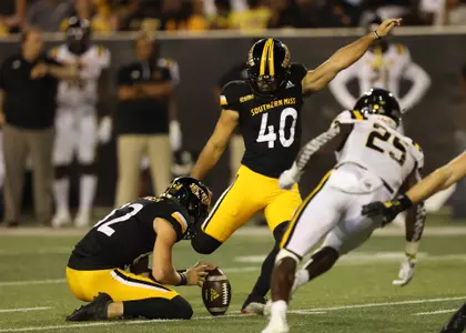 Southern Miss Golden Eagles place kicker Briggs Bourgeois (40) kicks an extra point against Grambling State. Saturday, Sept. 11, 2021  (Photo by Joe Harper/BigGold Photography)