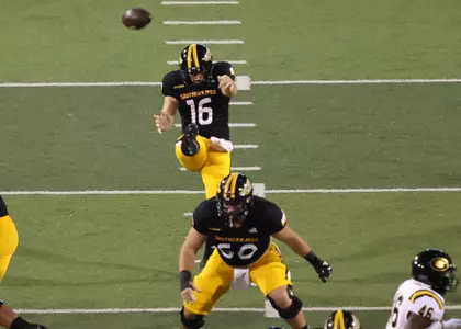 Southern Miss Golden Eagles punter Mason Hunt (16)punts against Grambling State. Saturday, Sept. 11, 2021 (Photo by Joe Harper/BigGold Photography)