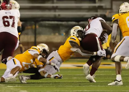 Southern Miss Golden Eagles defensive back Malik Shorts (9) makes a tackle against Troy. Saturday, Sept. 18, 2021  (Photo by Joe Harper/BigGold Photography)