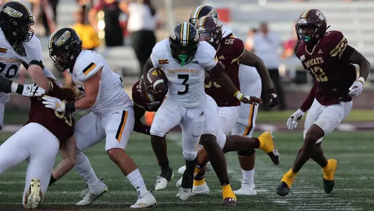 Southern Miss Golden Eagles running back Frank Gore Jr. (3) breaks into the open in a game between the Southern Miss Golden Eagles and the Texas State. Saturday, October 22, 2022 (Photo by Joe Harper/BigGold Photinography)