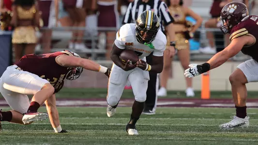 Southern Miss Golden Eagles running back Frank Gore Jr. (3) breaks through the hole in a game between the Southern Miss Golden Eagles and the Texas State. Saturday, October 22, 2022 (Photo by Joe Harper/BigGold Photinography)