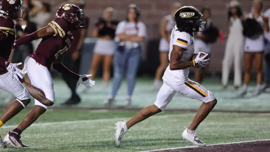 Southern Miss Golden Eagles running back Chandler Pittman (2) scores the winning touchdown in a game between the Southern Miss Golden Eagles and the Texas State. Saturday, October 22, 2022 (Photo by Joe Harper/BigGold Photinography)