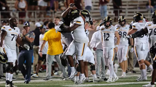 Southern Miss Golden Eagles defensive tackle Quentin Bivens (95) celebrates the interception in a game between the Southern Miss Golden Eagles and the Texas State. Saturday, October 22, 2022 (Photo by Joe Harper/BigGold Photinography)