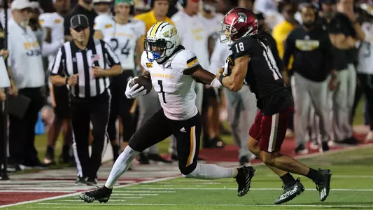 Southern Miss Golden Eagles wide receiver Jason Brownlee (1) runs after the catch in a game between the Southern Miss Golden Eagles and the Troy Trojans. Saturday, October 8, 2022 (Photo by Joe Harper/BigGold Photinography)