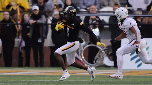 Southern Miss Golden Eagles wide receiver Jason Brownlee (1) runs after a catch in a game between the Southern Miss Golden Eagles and the South Alabama Jaguars. November 19, 2022 (Joe Harper/bgnphoto.com)