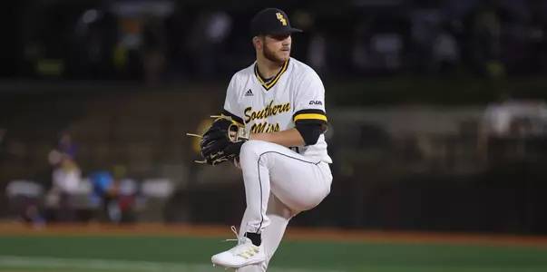 Southern Miss. pitcher Tanner Hall (28) throws a pitch in a game against South Alabama. Tuesday Feb 20, 2022  (Photo by Joe Harper/BigGold Photography)