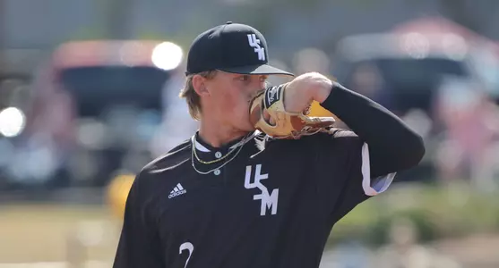Southern Miss. pitcher Hurston Waldrep (2) gets the sign from the catcher in a game against FAU. Sunday March 20, 2022  (Photo by Joe Harper/BigGold Photography)