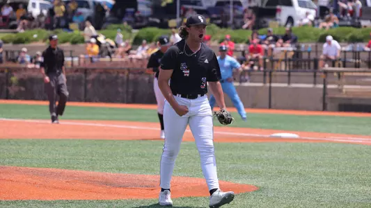 Southern Miss. pitcher Landon Harper (3) reacts to getting the last out of the inning in a game against Old Dominion. Sunday May 08, 2022 (Photo by Joe Harper/BigGold Photography)