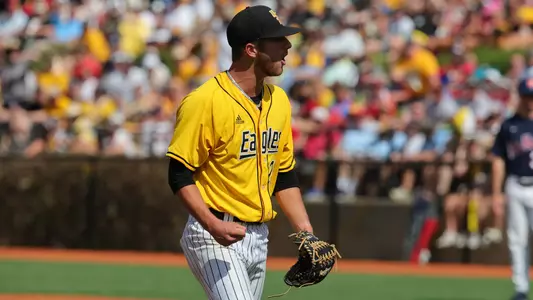 Southern Miss pitcher Tanner Hall (28) reacts to getting out of an inning in game2 of the Hattiesburg Super Regional between the Southern Miss Golden Eagles and the Ole Miss Rebels. Sunday, June 12, 2022 (Photo by Joe Harper/BigGold Photography)