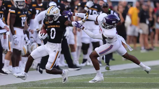 Southern Miss Golden Eagles wide receiver Demarcus Jones (0) breaks free in a game between Southern Miss Golden Eagles and the Northwestern State. Saturday, September 17, 2022 (Photo by Joe Harper/BigGold Photinography)