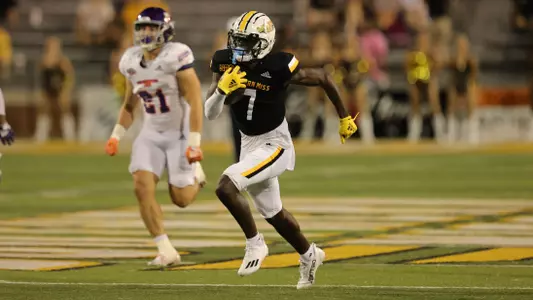 Southern Miss Golden Eagles wide receiver Zay Franks (7) takes it to the house in a game between the Southern Miss Golden Eagles and the Northwestern State. Saturday, September 17, 2022 (Photo by Joe Harper/BigGold Photinography)