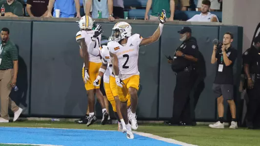 Southern Miss Golden Eagles defensive back Eric Scott Jr. (2) celebrates a pick 6 in a game between the Southern Miss Golden Eagles and the Tulane. Saturday, September 24, 2022 (Photo by Joe Harper/BigGold Photinography)