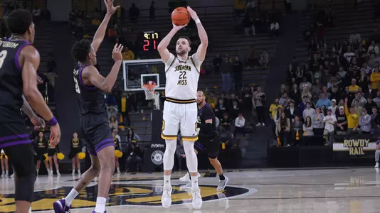Southern Miss Golden Eagles forward Felipe Haase (22) takes a three point shot in a game between the Southern Miss Golden Eagles and the James Madison Dukes . January 21, 2023 (Joe Harper/bgnphoto.com)