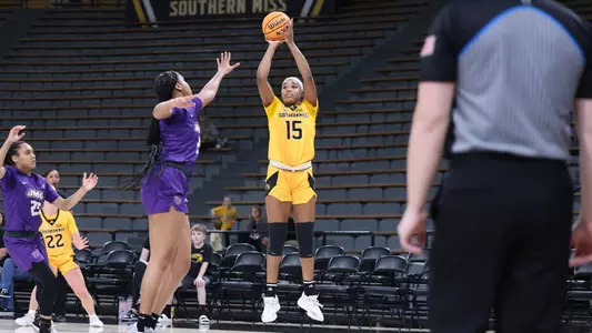 Southern Miss Lady Eagles forward Femi Funeus (15) takes a shot in a game between the Southern Miss Golden Eagles and the James Madison Monarchs . January 05, 2023 (Joe Harper/bgnphoto.com)