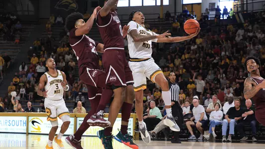 Southern Miss Golden Eagles guard Austin Crowley (1) drives to the hoop in a game between Southern Miss Golden Eagles and Mississippi State Bulldogs in the NCAA Basketball Game. October 29, 2023
(Joe Harper/bgnphoto.com)