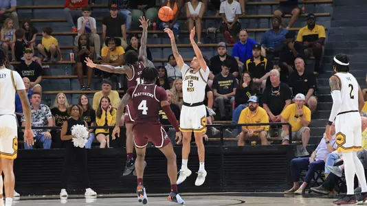 Southern Miss Golden Eagles guard Donovan Ivory (15) takes a three point shot in a game between Southern Miss Golden Eagles and Mississippi State Bulldogs in the NCAA Basketball Game. October 29, 2023
(Joe Harper/bgnphoto.com)