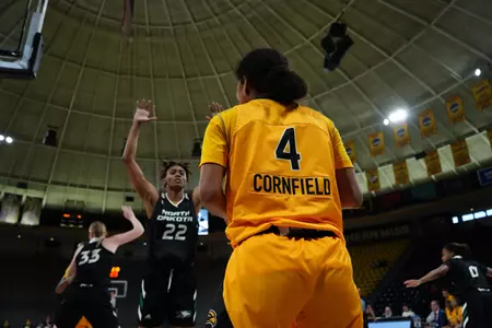 Lani Cornfield before inbounding a ball against North Dakota