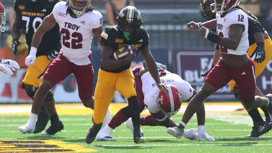 Southern Miss Golden Eagles running back Frank Gore Jr. (3) breaks into the open on a 57 yard run for a touchdow in a game between the Southern Miss Golden Eagles vs Troy Trojans in the NCAA Football Game. November 24, 2023. (Joe Harper/bgnphoto.com)