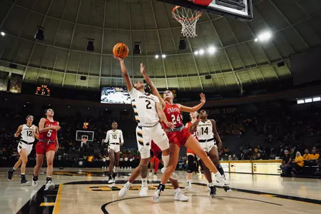 (2) Domonique Davis makes a floating layup over a Lady Crusader defender
