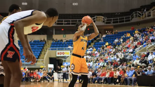Southern Miss Golden Eagles forward Victor Hart (2) with a free throw in a game between the Southern Miss Golden Eagles and the Ole Miss Rebels at the Mississippi Coast Coliseum. December 23, 2023. (Joe Harper/bgnphoto.com)