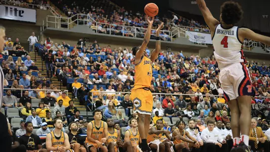Southern Miss Golden Eagles guard Mo Arnold (3) takes a shot in a game between the Southern Miss Golden Eagles and the Ole Miss Rebels at the Mississippi Coast Coliseum. December 23, 2023. (Joe Harper/bgnphoto.com)