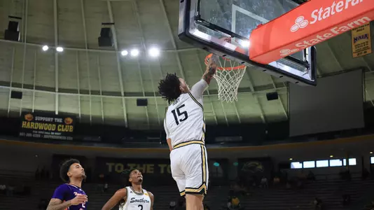 Southern Miss Golden Eagles guard Donovan Ivory (15) with a dunk in a game between the Southern Miss Golden Eagles vs South Northwestern State in the NCAA Basketball Game. December 9, 2023. (Joe Harper/bgnphoto.com)