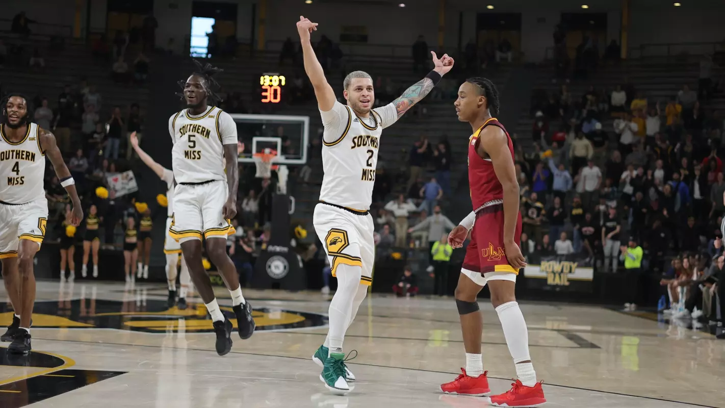 Southern Miss Golden Eagles guard Neftali Alvarez (2) reacts to the dunk after an assist in a game between the Southern Miss Golden Eagles and the Louisiana Monroe Warhawks . February 10, 2023 (Joe Harper/bgnphoto.com)