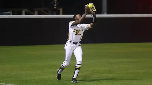 Southern Miss Golden Eagles outfield Scout Jennings (4) makes a catch in left field in a game between the Southern Miss Golden Eagles and the Southern University February 15, 2023 (Joe Harper/bgnphoto.com)