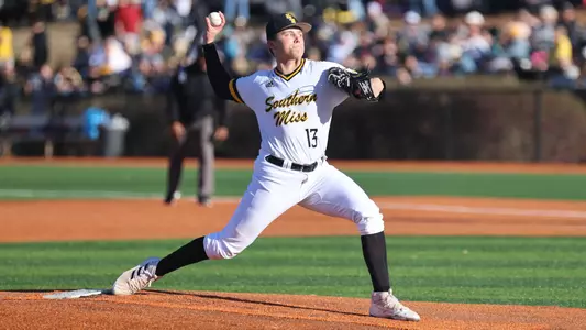 Southern Miss. pitcher Matt Adams (13) throws a pitch in a game between the Southern Miss Golden Eagles and the Liberty Flames. February 18, 2023 (Joe Harper/bgnphoto.com)