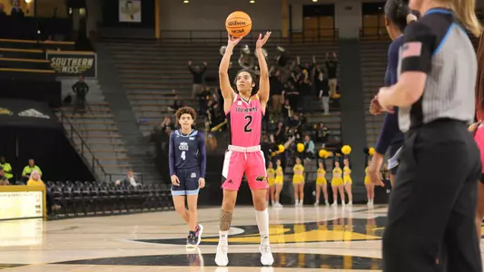 Southern Miss Lady Eagles guard Domonique Davis (2) shoots a free throw in a game between the Southern Miss Golden Eagles and the Old Dominion Monarchs . February 2, 2023 (Joe Harper/bgnphoto.com)
