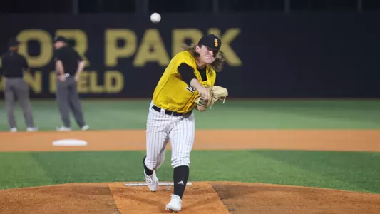 Southern Miss. pitcher Billy Oldham (21) throws a pitch in a game between the Southern Miss Golden Eagles and the New Orleans Privateers. February 19, 2023 (Joe Harper/bgnphoto.com)