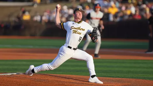 Southern Miss. pitcher JB Middleton (18) throws a pitch in a game between the Southern Miss Golden Eagles and the Illinois. February 25, 2023 (Joe Harper/bgnphoto.com)