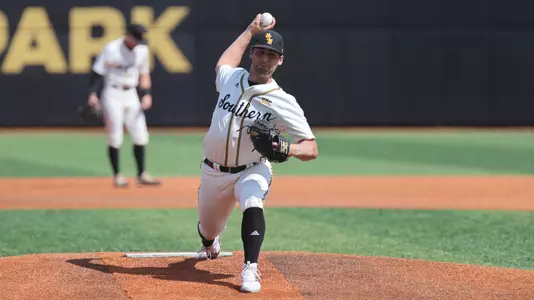 \Southern Miss. pitcher Niko Mazza (23) throws a pitch during warm up in a game between the Southern Miss Golden Eagles and the Illinois. February 26, 2023 (Joe Harper/bgnphoto.com)