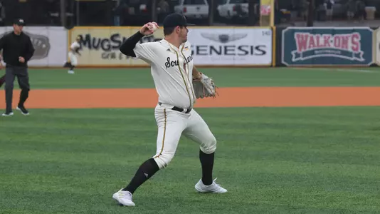 Southern Miss. infielder Danny Lynch (26) throws the ball to first in a game between the Southern Miss Golden Eagles and Valparaiso. March 12, 2023 (Joe Harper/bgnphoto.com)