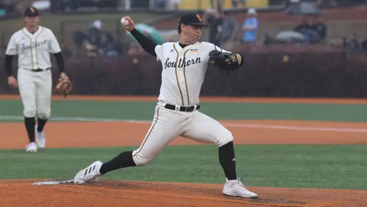 Southern Miss. pitcher Niko Mazza (23) throws a pitch in a game between the Southern Miss Golden Eagles and Valparaiso. March 12, 2023 (Joe Harper/bgnphoto.com)
