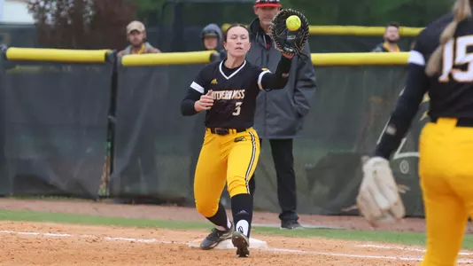 Southern Miss Golden Eagles catcher Alexis Dittmer (3) catches the ball at first base in a game between the Southern Miss Golden Eagles and the Louisiana Ragin Cajuns March 18, 2023 (Joe Harper/bgnphoto.com)