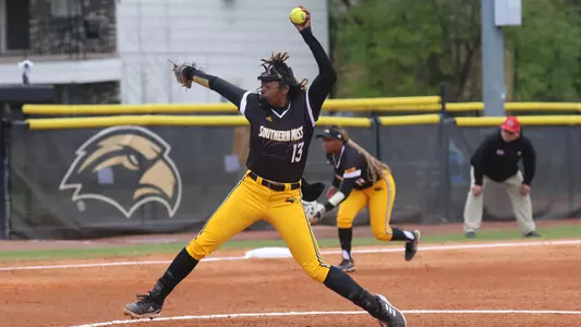 Southern Miss Golden Eagles P/inf Jana Lee (13) in her windup in a game between the Southern Miss Golden Eagles and the Louisiana Ragin Cajuns March 18, 2023 (Joe Harper/bgnphoto.com)