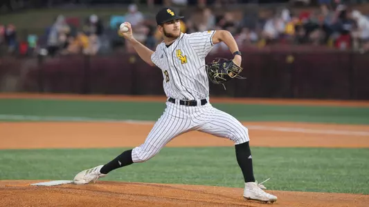 Southern Miss. pitcher Tanner Hall (28) throws a pitch in a game between the Southern Miss Golden Eagles and Dallas Baptist University. March 3, 2023 (Joe Harper/bgnphoto.com)