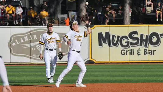 Southern Miss. infielder Dustin Dickerson (10) catches a pop up on the infield in a game between the Southern Miss Golden Eagles and Dallas Baptist University. March 4, 2023 (Joe Harper/bgnphoto.com)